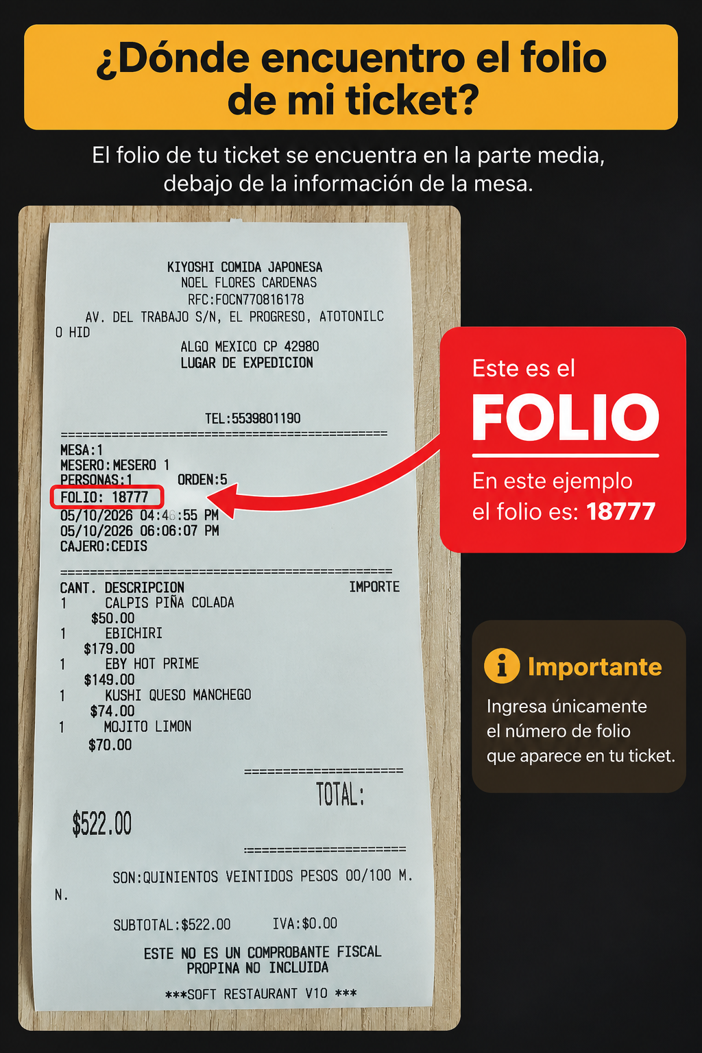 Ejemplo de ticket Kiyoshi donde se muestra el folio